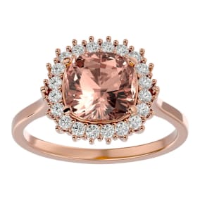 3-1/2 Carat Cushion Cut Morganite and Halo Diamond Ring In 14K Rose Gold