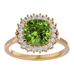Retrograde Birthstones™ 3 Carat Cushion Cut Peridot and Halo Diamond Ring In 14K Yellow Gold