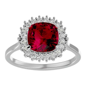 Retrograde Birthstones™ 3 1/2 Carat Cushion Cut Ruby and Halo Diamond Ring In 14K White Gold