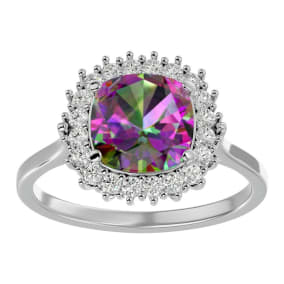 Retrograde Birthstones™ 2-1/2 Carat Cushion Shape Mystic Topaz Ring With Diamond Halo In 14 Karat White Gold