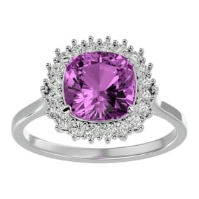 Retrograde Birthstones™ 3 Carat Cushion Cut Pink Topaz and Halo Diamond Ring In 14K White Gold