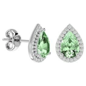 Retrograde Birthstones™ 2 1/3 Carat Green Amethyst and Diamond Pear Shape Stud Earrings In 14 Karat White Gold 