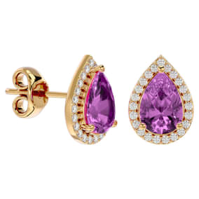Retrograde Birthstones™ 3 1/4 Carat Pink Topaz and Diamond Pear Shape Stud Earrings In 14 Karat Yellow Gold 