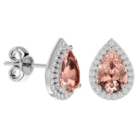 Retrograde Birthstones™ 2-1/2 Carat Pear Shape Morganite Earrings with Diamond Halo In 14 Karat White Gold 