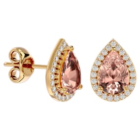 Retrograde Birthstones™ 2-1/2 Carat Pear Shape Morganite Earrings with Diamond Halo In 14 Karat Yellow Gold 