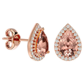 2-1/2 Carat Pear Shape Morganite Earrings with Diamond Halo In 14 Karat Rose Gold 