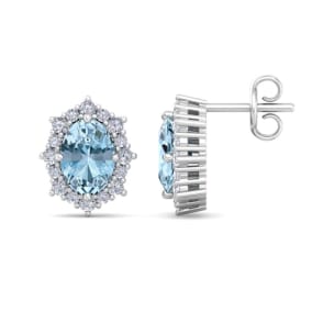 Retrograde Birthstones™ 2 Carat Oval Shape Aquamarine and Diamond Earrings In 14K White Gold