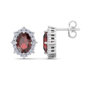 Retrograde Birthstones™ 2 1/2 Carat Oval Shape Garnet and Diamond Earrings In 14K White Gold