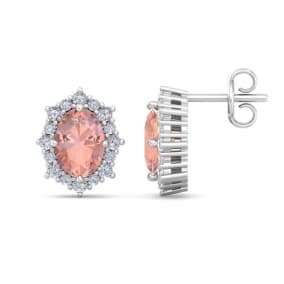 Retrograde Birthstones™ 2 Carat Oval Shape Morganite Earrings with Diamond Halo In 14K White Gold