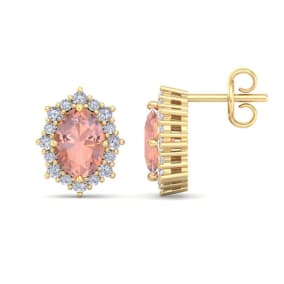 Retrograde Birthstones™ 2 Carat Oval Shape Morganite Earrings with Diamond Halo In 14K Yellow Gold
