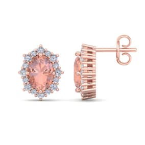 2 Carat Oval Shape Morganite Earrings with Diamond Halo In 14K Rose Gold