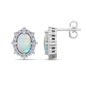 Retrograde Birthstones™ 2 Carat Oval Shape Opal and Diamond Earrings In 14K White Gold