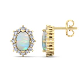 Retrograde Birthstones™ 2 Carat Oval Shape Opal and Diamond Earrings In 14K Yellow Gold