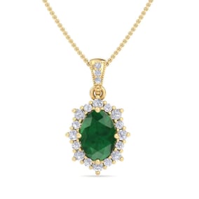 Retrograde Birthstones™ 1-1/3 Carat Oval Shape Emerald Necklaces With Diamond Halo In 14 Karat Yellow Gold, 18 Inch Chain