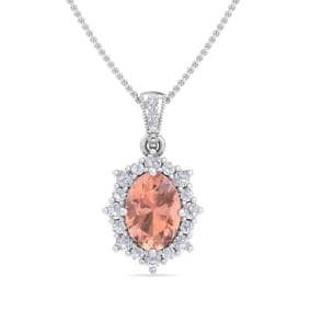 Retrograde Birthstones™ 1-1/3 Carat Oval Shape Morganite Necklace With Fancy Diamond Halo In 14K White Gold With 18 Inch Chain