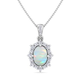 Retrograde Birthstones™ 1-1/3 Carat Oval Shape Opal and Diamond Necklace In 14K White Gold