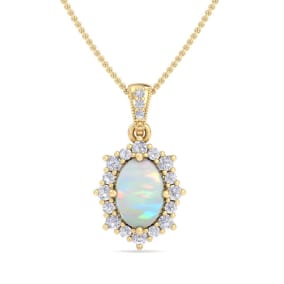 Retrograde Birthstones™ 1-1/3 Carat Oval Shape Opal and Diamond Necklace In 14K Yellow Gold