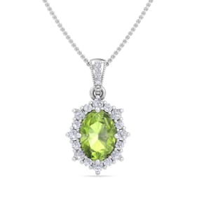 Retrograde Birthstones™ 1 3/4 Carat Oval Shape Peridot and Diamond Necklace In 14K White Gold