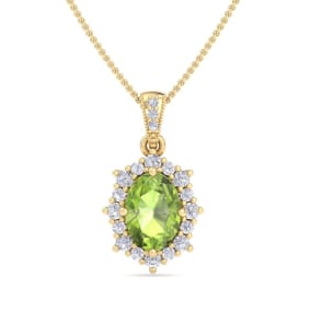 Retrograde Birthstones™ 1 3/4 Carat Oval Shape Peridot and Diamond Necklace In 14K Yellow Gold