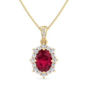 Retrograde Birthstones™ 1 3/4 Carat Oval Shape Ruby and Diamond Necklace In 14K Yellow Gold