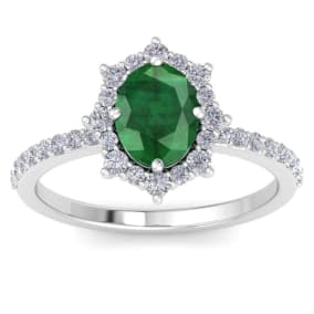 Retrograde Birthstones™ 1 1/2 Carat Oval Shape Emerald and Diamond Ring In 14K White Gold