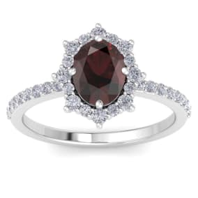 Retrograde Birthstones™ 2 Carat Oval Shape Garnet and Diamond Ring In 14K White Gold