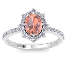 Retrograde Birthstones™ 1-1/2 Carat Oval Shape Morganite and Diamond Ring In 14K White Gold