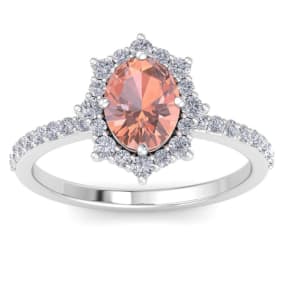 1-1/2 Carat Oval Shape Morganite and Diamond Ring In 14K White Gold