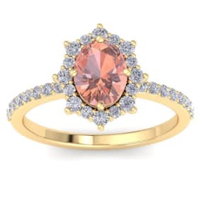 Retrograde Birthstones™ 1-1/2 Carat Oval Shape Morganite and Diamond Ring In 14K Yellow Gold