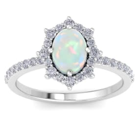 Retrograde Birthstones™ 1-1/2 Carat Oval Shape Opal Ring and Diamond Halo In 14K White Gold