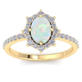 Retrograde Birthstones™ 1-1/2 Carat Oval Shape Opal Ring and Diamond Halo In 14K Yellow Gold