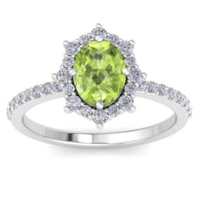 Retrograde Birthstones™ 2 Carat Oval Shape Peridot and Diamond Ring In 14K White Gold