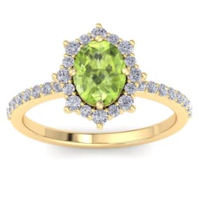 Retrograde Birthstones™ 2 Carat Oval Shape Peridot and Diamond Ring In 14K Yellow Gold