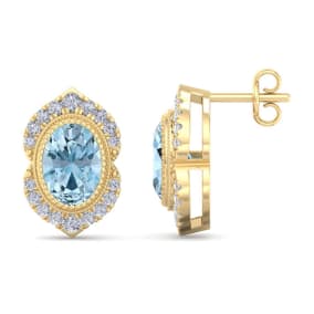 Retrograde Birthstones™ 2 Carat Oval Shape Aquamarine and Diamond Earrings In 14K Yellow Gold