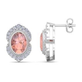 Retrograde Birthstones™ 2 Carat Oval Shape Morganite Earrings with Fancy Diamond Halo In 14K White Gold