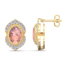 Retrograde Birthstones™ 2 Carat Oval Shape Morganite Earrings with Fancy Diamond Halo In 14K Yellow Gold