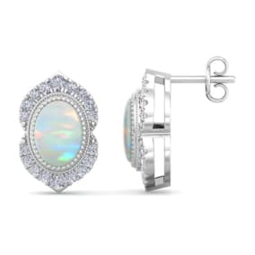 Retrograde Birthstones™ 2 Carat Oval Shape Opal and Diamond Earrings In 14K White Gold