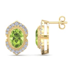 Retrograde Birthstones™ 2 1/2 Carat Oval Shape Peridot and Diamond Earrings In 14K Yellow Gold