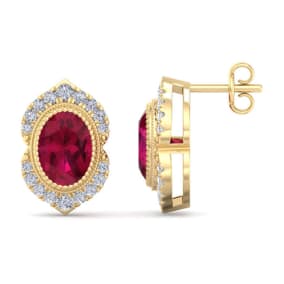 Retrograde Birthstones™ 2 1/2 Carat Oval Shape Ruby and Diamond Earrings In 14K Yellow Gold