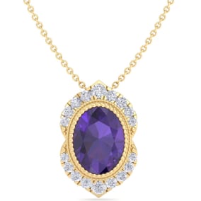 Retrograde Birthstones™ 1 1/5 Carat Oval Shape Amethyst and Diamond Necklace In 14K Yellow Gold