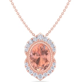 1-1/5 Carat Oval Shape Morganite Necklace With Fancy Diamond Halo In 14K Rose Gold With 18 Inch Chain