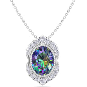 1-3/4 Carat Oval Shape Mystic Topaz Necklace With Diamond Halo In 14 Karat White Gold, 18 Inches