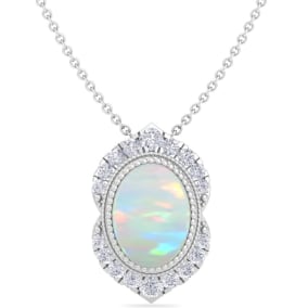 Retrograde Birthstones™ 1-1/5 Carat Oval Shape Opal and Diamond Necklace In 14K White Gold