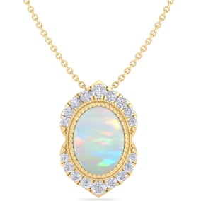 Retrograde Birthstones™ 1-1/5 Carat Oval Shape Opal and Diamond Necklace In 14K Yellow Gold