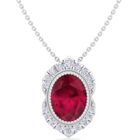 Retrograde Birthstones™ 1 3/4 Carat Oval Shape Ruby and Diamond Necklace In 14K White Gold