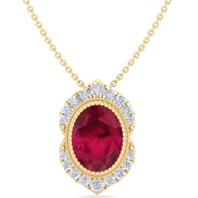 Retrograde Birthstones™ 1 3/4 Carat Oval Shape Ruby and Diamond Necklace In 14K Yellow Gold