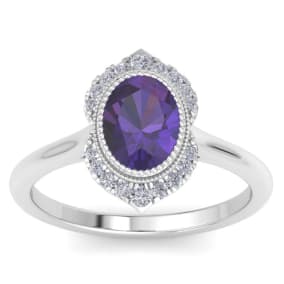 Retrograde Birthstones™ 1 1/5 Carat Oval Shape Amethyst and Diamond Ring In 14K White Gold