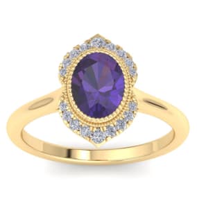 Retrograde Birthstones™ 1 1/5 Carat Oval Shape Amethyst and Diamond Ring In 14K Yellow Gold