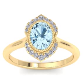 Retrograde Birthstones™ 1 1/5 Carat Oval Shape Aquamarine and Diamond Ring In 14K Yellow Gold
