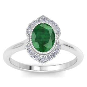 Retrograde Birthstones™ 1 1/5 Carat Oval Shape Emerald and Diamond Ring In 14K White Gold